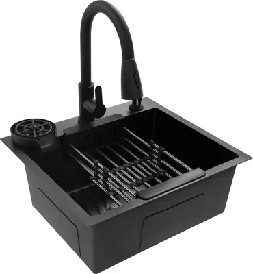Zdjęcie produktu dla Zlewozmywak kuchenny – podblatowy, jednokomorowy – 50×45 cm, stal nierdzewna – prostokątny – z baterią – 1 otwór – czarny