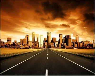 Produktbild von Wallario Poster - Skyline am Ende der Straße, Kunstdruck Größe: 40 x 50 cm