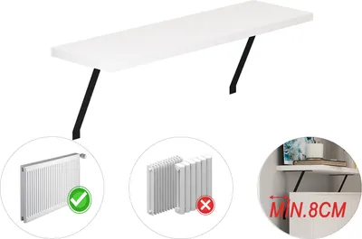 A collage of images showing a white shelf with black brackets, and diagrams illustrating its use with radiators.