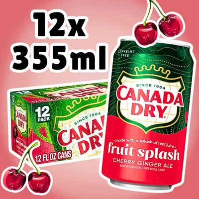 Produktbild von 12x Canada Dry Cherry Fruit Splash Erfrischungsgetränk Kirschgeschmack koffeinfrei 12 x 355 ml + Heartforcards Versandschutz