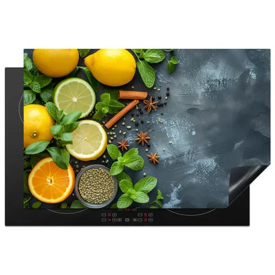 Obrázok produktu pre KitchenYeah® Kryt varnej dosky ovocie - betón - rastliny - citrón - škorica, 80x52cm, kuchynská dekorácia, keramický kryt varnej dosky, kryt varnej dosky