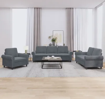 Produktbild von Design 3-tlg. Sofagarnitur mit Kissen Dunkelgrau Samt, Schlafsofas 2024 Neu