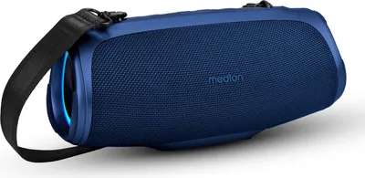 Produktbild von MEDION P61746 tragbarer Bluetooth Lautsprecher (Akku, Bass Boost, Musikbox, RGB Lichteffekte, IPX7 Wasserschutz & robust, integrierte Powerbank, 2X 15 W RMS) Blau