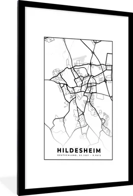 Produktbild von MuchoWow® Gerahmtes Poster Hindesheim - Karte - Stadtplan 60x90 cm - Poster mit Schwarzem Bilderrahmen Wandposter Rahmen Foto Bilder - Dekoration - Wandposter Wohnzimmer - Hochwertig