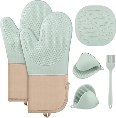 Produktbild von 6er-Set hitzebeständige, rutschfeste Silikon-Ofenhandschuhe und Topflappen – zum Kochen, Backen und Grillen – Grün
