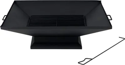 A black metal fire pit with a grill grate and a poker tool on a white background.