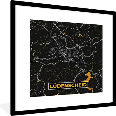 Produktbild von MuchoWow® Gerahmtes Poster Stadtplan - Karte - Lüdenscheid - Gold - Deutschland - Karte 40x40 cm - Poster mit Schwarzem Bilderrahmen Wandposter Rahmen Foto Bilder - Poster - Plakat im Rahmen