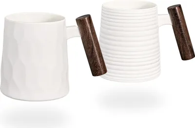 Produktbild von tea4chill 2er Teetassen Set, Kaffeetassen weiß. Tassenset 400ml Porzellan mit Holzgriff. Design elegant, vintage