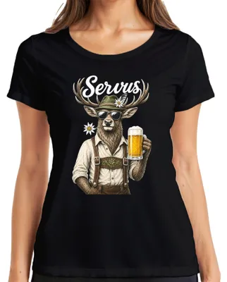 Productafbeelding van Servus Hirsch, traditionele lederen broek, bier, , Dirndl, Wiesn, dames T-shirt, zwart, maat S