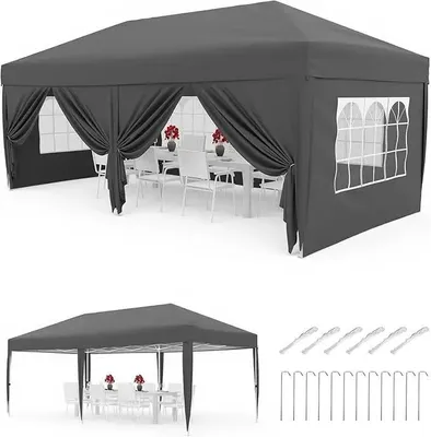Image de Tente pliante 3 x 6 m - Tente de réception imperméable avec 6 panneaux latéraux - Protection UV UPF 50+ - Réglable en hauteur sur 3 niveaux - Avec sac de transport - Gris