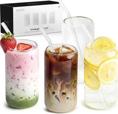 Produktbild von Glas-Set aus Glas mit Rietje 4x 500 ml, Cocktail- und Longdrink-Gläser, Iced Coffee und Kaffee-Gläser, Matcha und Smoothie-Gläser, Wasser-Gläser, 4 Stück, transparent, für Getränke