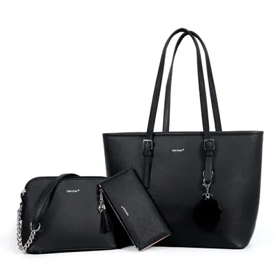 Produktbild von Shopper 3-Tlg Handtasche Damen Schultertasche Handtaschen Tragetasche Set (3-tlg), Groß Damen Handtasche, Geschenke für Frauen (Schwarz)