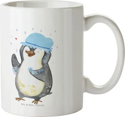 Produktbild von Mr. & Mrs. Panda Kaffeebecher Pinguin Duschen - Weiß - Geschenk, Baden, Kakaotasse, Becher, Kaffeetasse, Pinguine, Singen, Tasse, Teetasse, Duschkonzert, Motivation