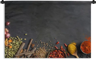 Produktbild von MuchoWow® Wandteppich Wandbehang Kräuter - Lebensmittel - Gewürze - Schwarz - Paprika - Zimt 120x80 cm Tapisserie Dekoration Wandtuch - Wanddekorationen - Wandtücher