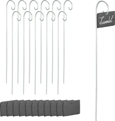Produktbild von Relaxdays Schiefer Pflanzenschilder, 12er Set, zum Beschriften, wetterfest, Metallstab, Schiefertafel, anthrazit/ silber