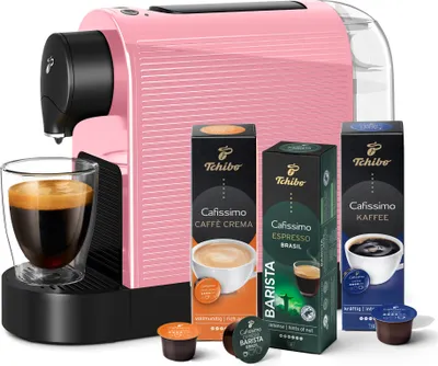 Produktbild von Tchibo Cafissimo „Pure plus“ Kaffeemaschine Kapselmaschine inkl. 30 Kapseln für Caffè Crema, Espresso und Kaffee, 0,8l, 1250 Watt, 11,9 x 33,7 x 24 cm, Cherry Blossom