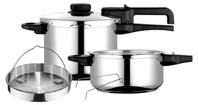 A set of stainless steel pressure cookers and an accessory.