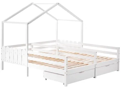 Produktbild von Hausbett Kinderbett 90x200 cm in Weiß, mit 2 Schubladen, Lattenrost und Schutzgittern, ohne Matratze