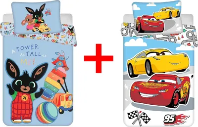 Produktbild von Kinderbettwäsche Bing Bunny und Cars Lightning McQueen 100 x 135 Bettdecke + 40 x 60 cm Kopfkissen, 100% Baumwolle für Babys, Kinder, 2er Geschenk-Set