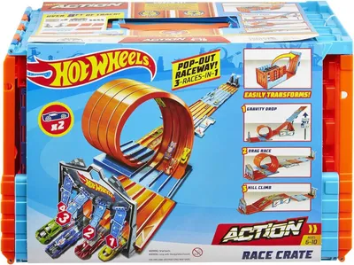 Produktbild von Hot Wheels Track Builder Rennkiste GKT87 – 3-in-1 Autorennbahn Set mit Fallrampe, Mega-Sprung & Beschleunigungsrennen, inkl. 2 Hot Wheels Autos, Tragbare Aufbewahrungsbox, Spielzeug ab 6 Jahren
