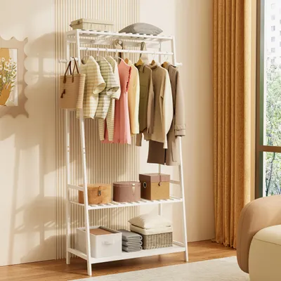 Produktbild von Kleiderständer aus Bambus mit Ablage, Schuhregal, weiß, für Schlafzimmer und Wohnzimmer