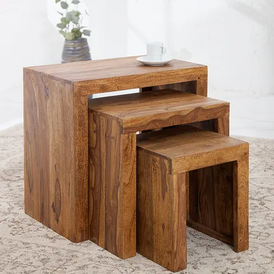 Produktbild von cagü: 3er Set Design Beistelltische [AGRA] Sheesham massiv Holz 45cm/35cm/25cm