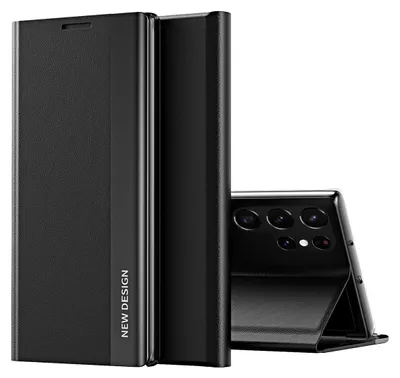 A black leather flip case for a smartphone is shown standing upright, with the phone's camera array visible behind it.