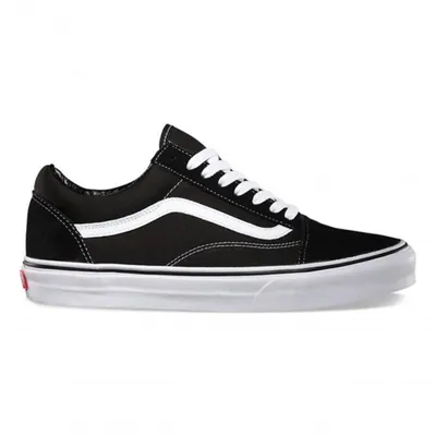 A side view of a black Vans Old Skool sneaker with a white side stripe and white laces, set against a plain white background.