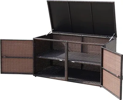 Produktbild von KOMFOTTEU ratanový box na polštáře, úložná truhla s dvojitými dvířky a víkem, dvoupatrová zahradní skříň, odolný úložný box, úložný kontejner na zahradu, dvůr (hnědý)