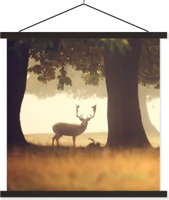Produktbild von MuchoWow® Textilposter Hirsche - Bäume - Wald 60x60 cm mit schwarzem Rahmen - Posteraufhänger