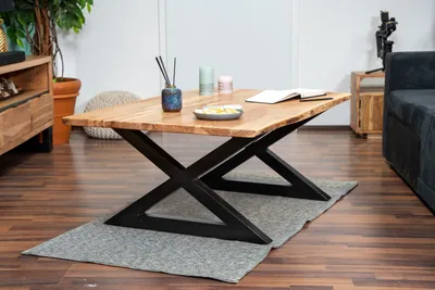 Produktbild von Couchtisch Baumkante 120x80 cm Akazie Naturfarben schwarz X-Gestell geschlossen