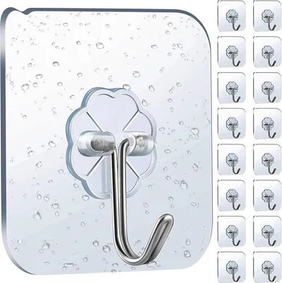 Produktbild von 16 Stück Transparente Selbstklebende Haken – Edelstahl Handtuchhaken, Ohne Bohren, Max. 10kg Belastung, Für Küche, Bad, Büro
