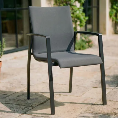 Produktbild von Gartenstühle VERANO 6er Set, 57x89x62 cm, schwarz/anthrazit, stapelbar, robust, Aluminium mit Textilene Polster. Gartenmöbel-Set, Terrassenstühle, Balkonstühle wetterfest, Gartenstuhl 6er Set