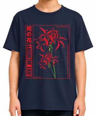 Imagen del producto de Camiseta infantil uni con diseño de la flor "Rote Spinnenlilie" (lirio araña rojo), estilo anime, estética "Otaku", color azul marino, talla 128