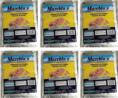 Produktbild von 6x Mareblu Trancetti di Tonno in Olio di Oliva Thunfisch Thunfischscheiben in Olivenöl 500g Beutel