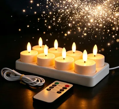 Produktbild von 8 Stück LED Teelichter mit Fernbedienung und Timerfunktion,Wiederaufladbare Kerzen mit USB-C Ladestation,Flammenlose Teelichter Set für Dekoration