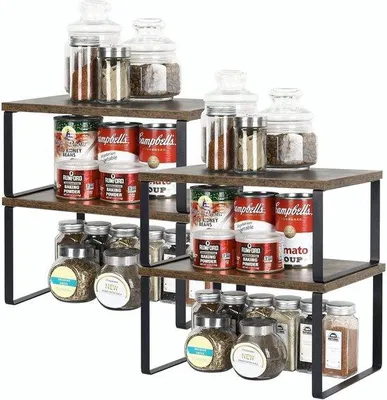 Produktbild von Famanu Küchenregal Set aus 4 – Metall und Holz – Erweiterbare und stapelbare Küchenregale für Gewürze und Vorräte – Braun/Schwarz