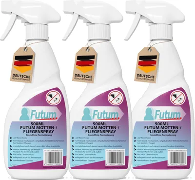 Produktbild von FUTUM 3x500ml Mottenspray / Fliegenspray | Biozidfrei gegen Motten & Fliegen | Wasserbasis | schnell & Direktwirkung | fleckenfrei
