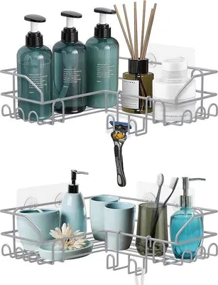 Image de Unyqoos® : Lot de 2 étagères de douche sans perçage – Étagère d'angle à 90° en acier inoxydable, avec 2 crochets et 4 bandes adhésives, couleur argent