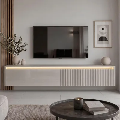 Produktbild von Modernes TV-Lowboard 170 cm LUMI IV Kaschmir Hochglanz - Hängender, geriffelter Fernsehschrank mit LED-Beleuchtung & Push-to-Open