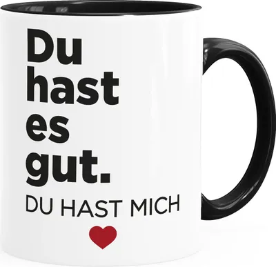 Produktbild von Kaffee-Tasse Spruch Du hast es gut du hast mich Herz Geschenk Partner Ehe-Mann Ehe-Frau beste Freunde Moonworks® Inner-Schwarz Keramik-Tasse