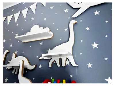 Produktbild von Wandregal für das Babyzimmer mit Dinosaurier-Motiv - Weißes Regal für das Kinderzimmer - Holzregal im skandinavischen Stil - Schweberegal mit Befestigungssatz