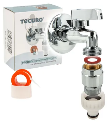 Produktbild von tecuro Mini-Kugelauslaufventil 1/2 Zoll x 3/4 Zoll mit Wandrosette, Rohrbelüfter & Steckkupplung, MS-verchromt