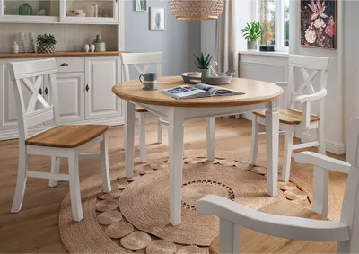 Produktbild von Esstischgruppe weiß ESBJERG-69 Landhausstil in Kiefer weiß lackiert mit Eiche massiv 5-teilig