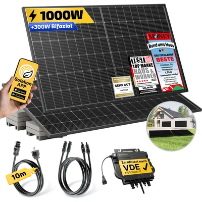 Produktbild von Balkonkraftwerk 1000W/800W Solaranlage mit Garten Halterung Steckerfertig Komplettset Photovoltaik Anlage 800W, Kabellänge: 10m, Solakon - onBasic