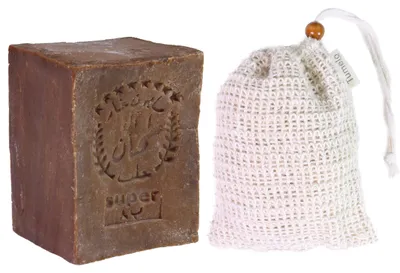 Produktbild von TUMELO Original Aleppo Seife 200g 60% Olivenöl 40% Lorbeeröl + Sisal Seifensäckchen, handgemachte Olivenölseife Naturseife