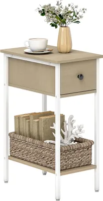 Obrázek produktu pro Odkládací stolek - Úzký design - Se zásuvkou a otevřenou přihrádkou - Obdélníkový tvar - Kovový rám - 25 x 39,8 x 58,2 cm - Moderní - Bílý
