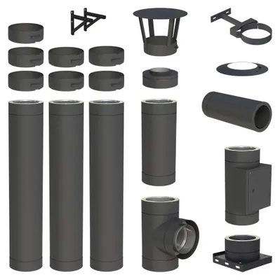 Produktbild von 4,3 m Edelstahlschornstein Ø 130 mm Komplettset doppelwandig DW-Black Wandmontage