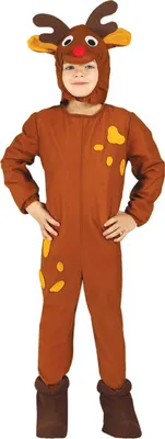Produktbild von Kinder Rentier-Kostüm – Brauner Overall mit roter Nase – Weihnachtskostüm Gr. 98-146, Größe:98/104