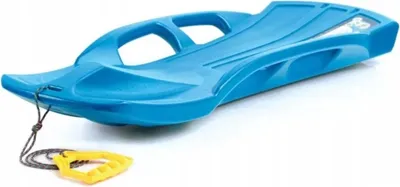 A blue plastic sled with a yellow pull handle and rope is shown on a white background.